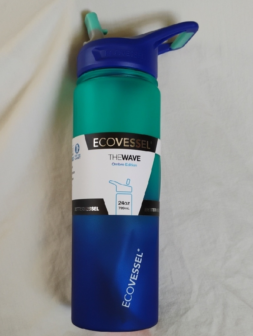 EcoVessel TheWave Ombre 24oz Water Bottle - Teal & Blue Silicon Straw Flip Spout